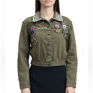Alice + Olivia Chloe embroidered cropped small jacket denim military inspired
